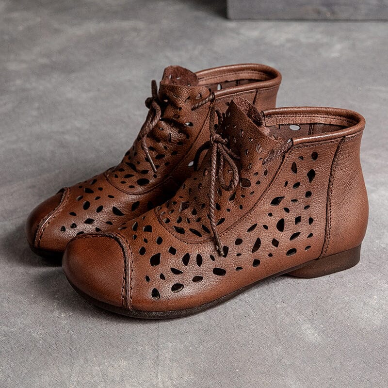 Retro Leather Hollow Flat Women Summer Ankle Boots Mar 2023 New Arrival Brown 35 