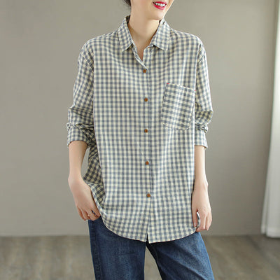Retro Long Sleeve Thin Cotton Plaid Loose Blouse Jul 2022 New Arrival One Size Gray 