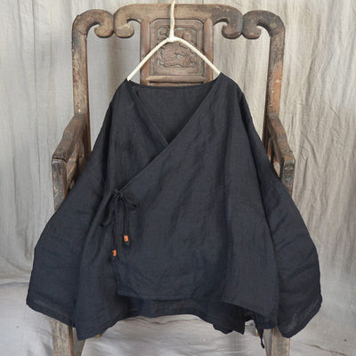 Retro Loose Casual Cotton Linen Blouse Plus Size Apr 2023 New Arrival Black One Size 