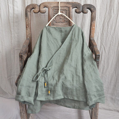 Retro Loose Casual Cotton Linen Blouse Plus Size Apr 2023 New Arrival Green One Size 