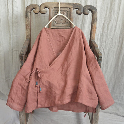 Retro Loose Casual Cotton Linen Blouse Plus Size Apr 2023 New Arrival Orange One Size 