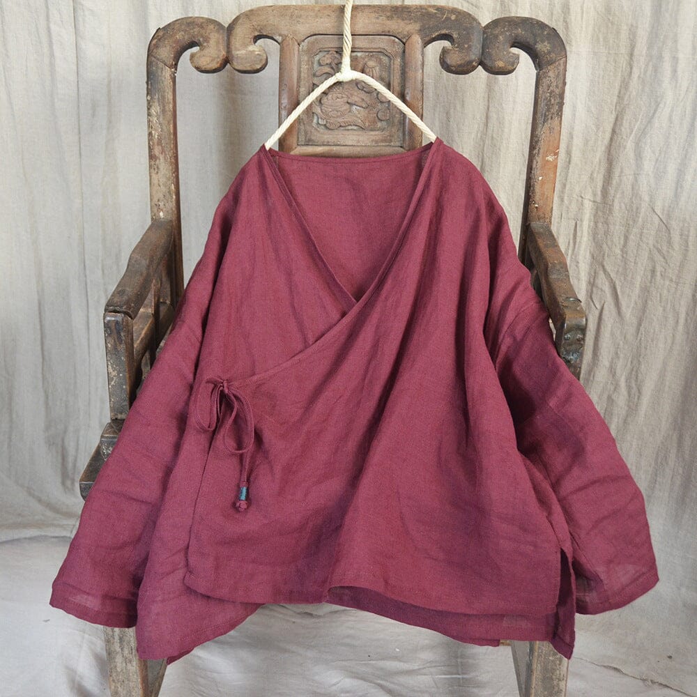 Retro Loose Casual Cotton Linen Blouse Plus Size Apr 2023 New Arrival Rose Red One Size 