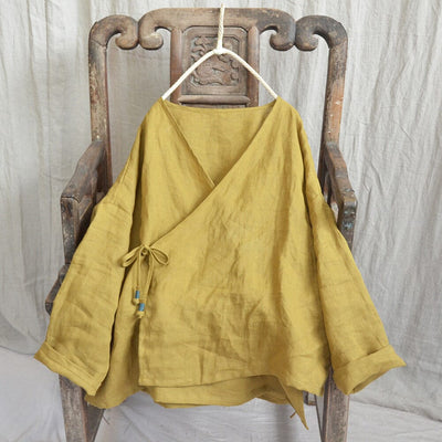 Retro Loose Casual Cotton Linen Blouse Plus Size Apr 2023 New Arrival Yellow One Size 
