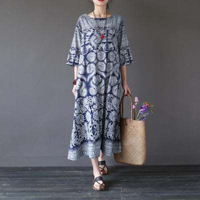 Retro Ethnic Loose Mid-Length Sleeve Cotton Linen Dress