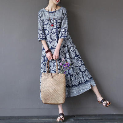Retro Ethnic Loose Mid-Length Sleeve Cotton Linen Dress
