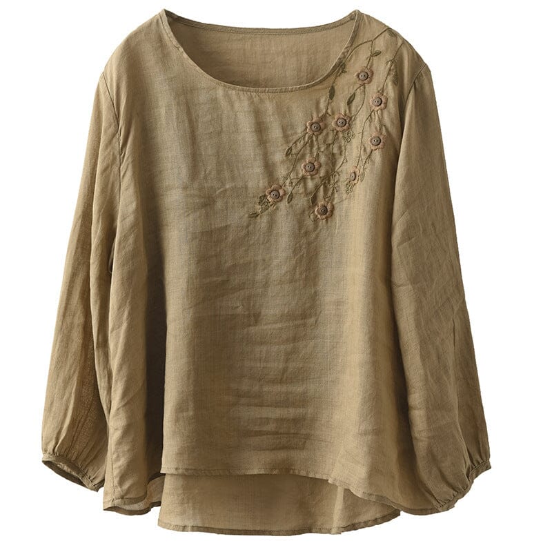 Retro Loose Spring Summer Linen Embroidery T-shirt