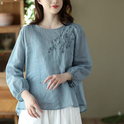Retro Loose Spring Summer Linen Embroidery T-shirt Feb 2023 New Arrival 