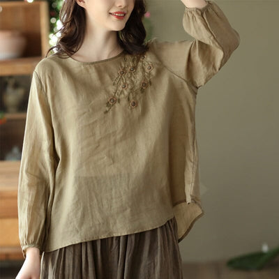Retro Loose Spring Summer Linen Embroidery T-shirt