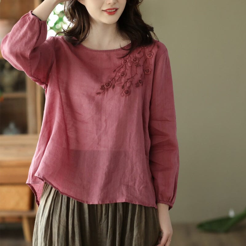 Retro Loose Spring Summer Linen Embroidery T-shirt Feb 2023 New Arrival Red One Size 