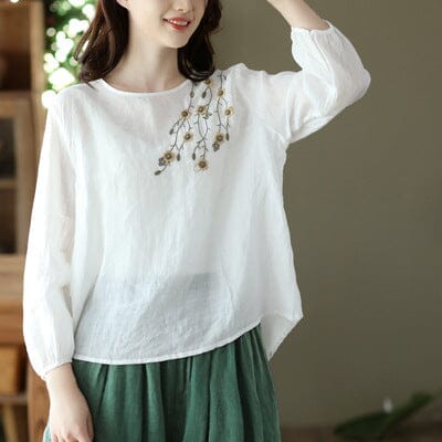 Retro Loose Spring Summer Linen Embroidery T-shirt Feb 2023 New Arrival White One Size 
