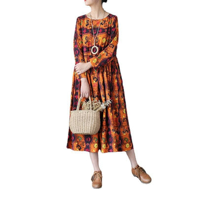 Retro Loose Totem Print Cotton Linen Dress Aug 2021 New-Arrival 