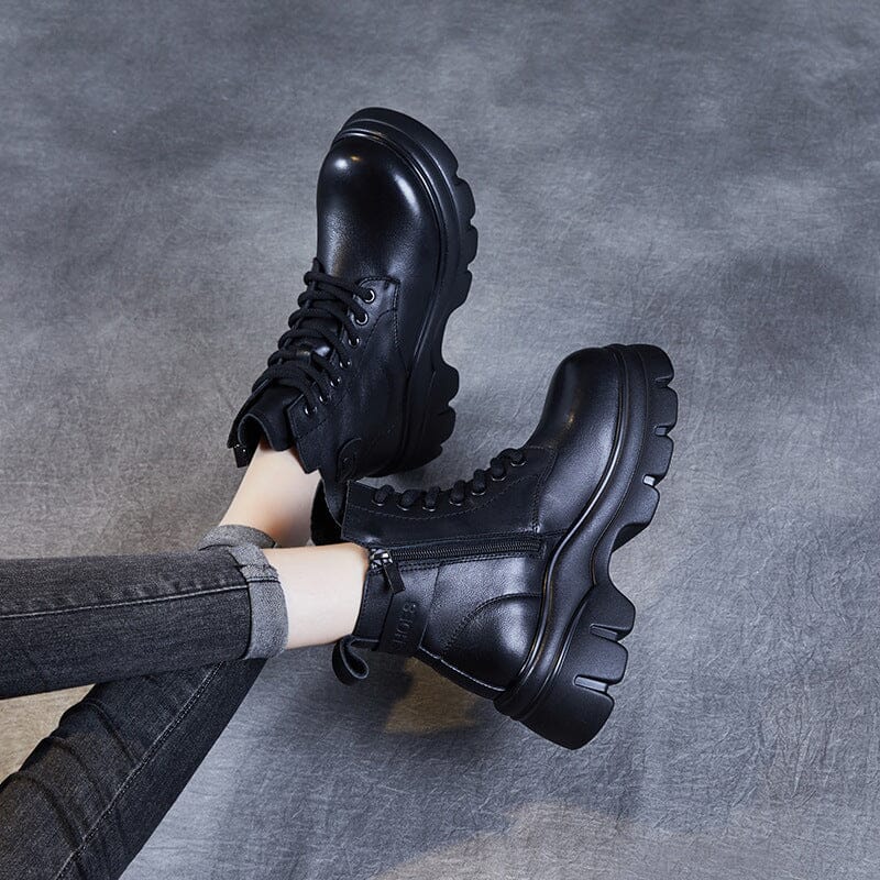 Retro Minimalist Leather Platform Ankle Boots