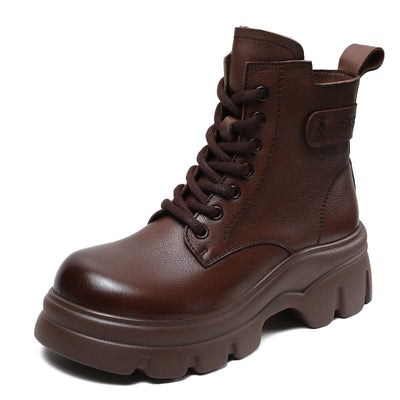 Retro Minimalist Leather Platform Ankle Boots Sep 2023 New Arrival Brown 35 