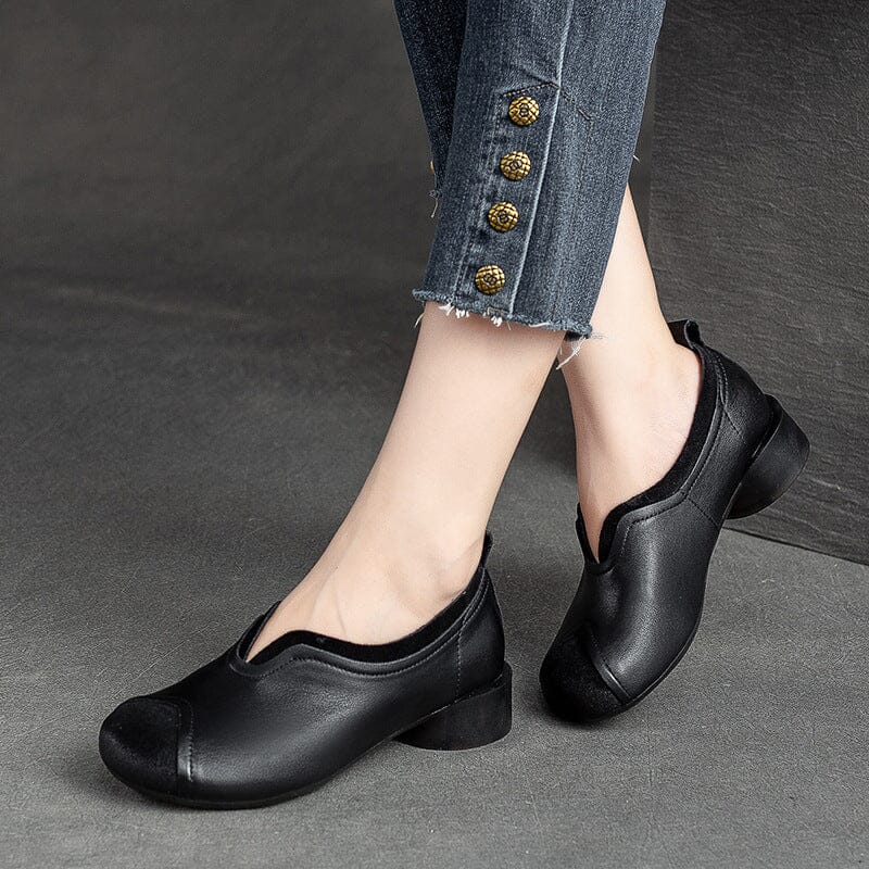 Retro Patchwork Leather Low Chunky Heel Casual Shoes