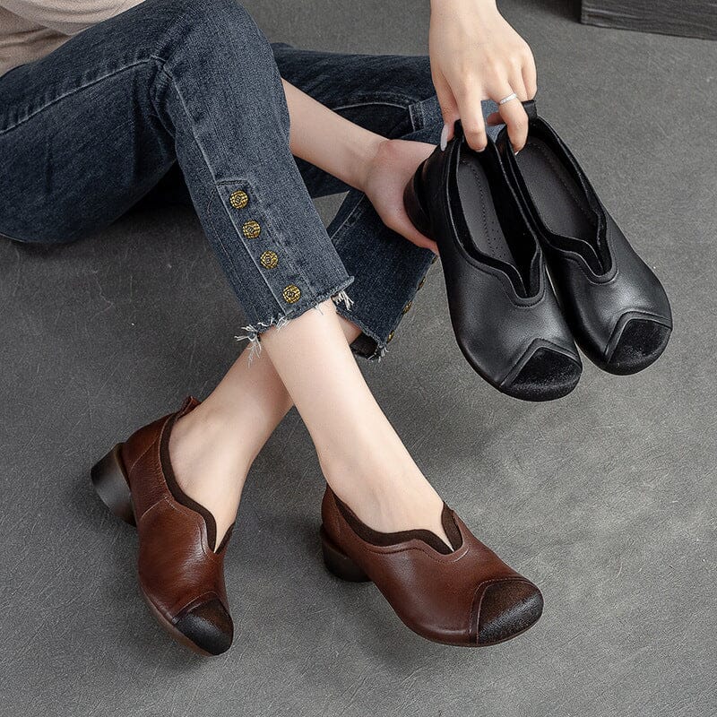 Retro Patchwork Leather Low Chunky Heel Casual Shoes Jul 2023 New Arrival 