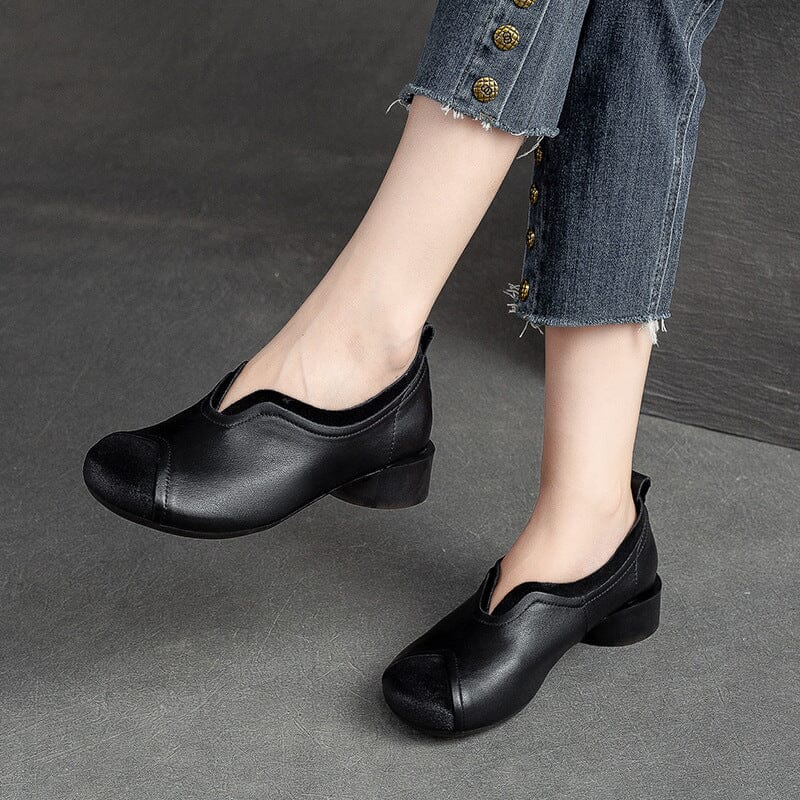Retro Patchwork Leather Low Chunky Heel Casual Shoes