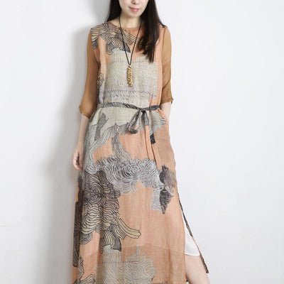 Retro Print Patchwork Silk Linen Dress