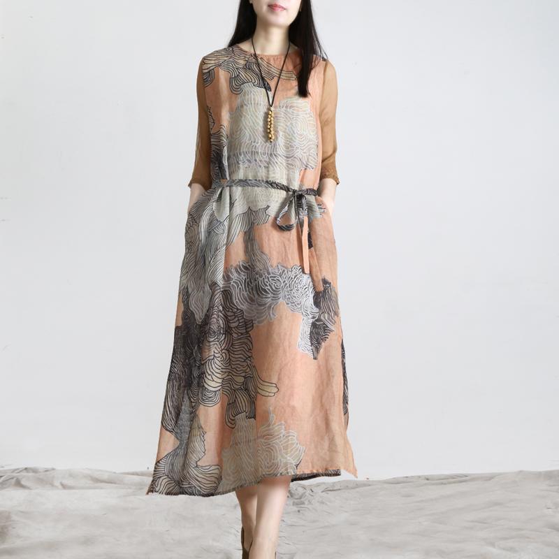 Retro Print Patchwork Silk Linen Dress Aug 2021 New-Arrival 