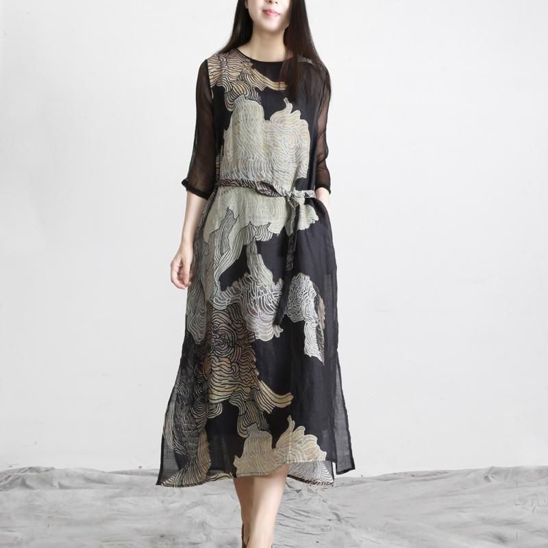 Retro Print Patchwork Silk Linen Dress