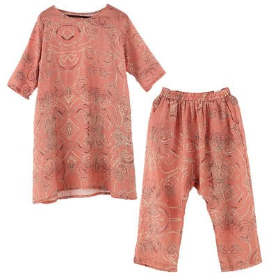 Retro Ramie Print Summer Two-piece Suit March 2021 New-Arrival 