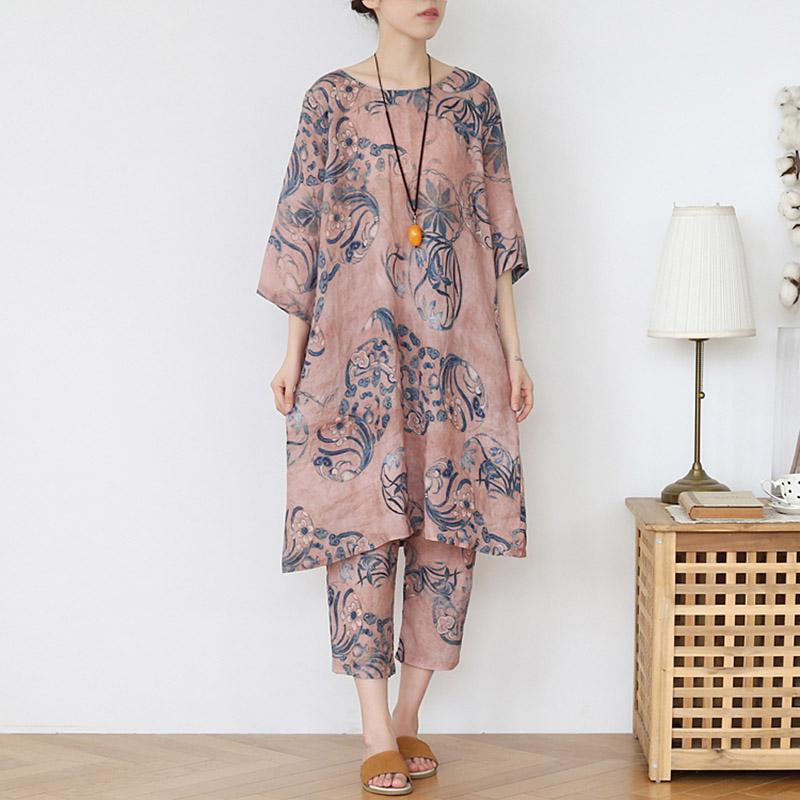 Retro Ramie Print Summer Two-piece Suit March 2021 New-Arrival One Size Light Coffee 