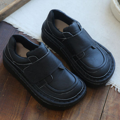 Retro Round Head Women Leather Velcro Casual Shoes Jan 2022 New Arrival 35 Black 