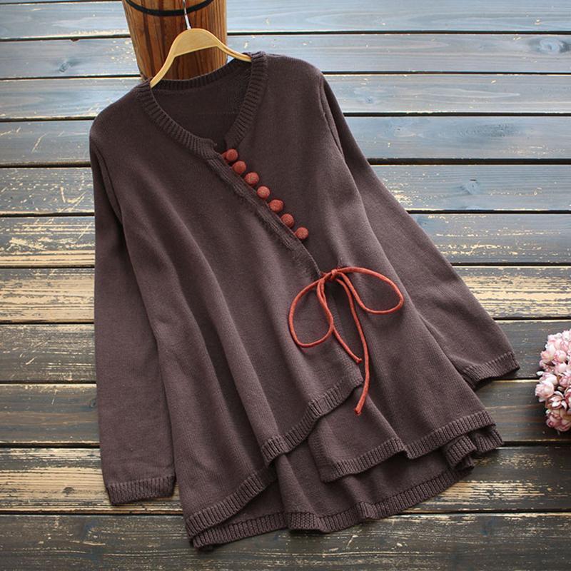 Retro Round Neck Lace Up Knitted Loose Cardigan