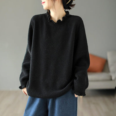Retro Ruffle Collar Cotton Knitted Sweater Jan 2023 New Arrival One Size Black 