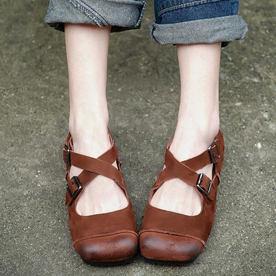 Retro Shallow Mouth Cross Straps Flat Single Shoes 2019 March New 35 Brown 
