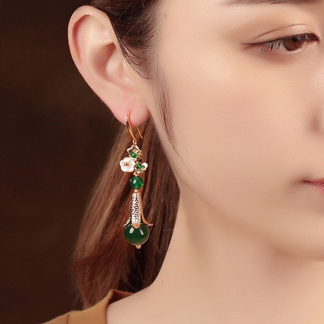 Retro Silver Green Ethnic Style Women Earrings