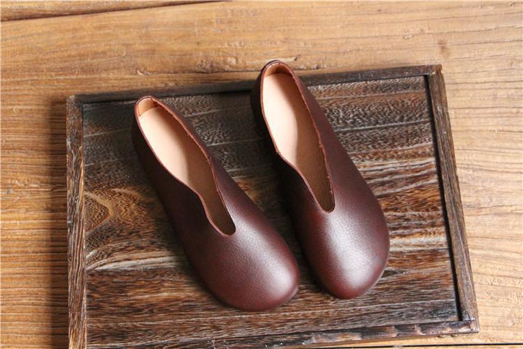 Retro Soft Leather Round Head Women Black Slip-on Shoes 2019 March New 38 Coffee 