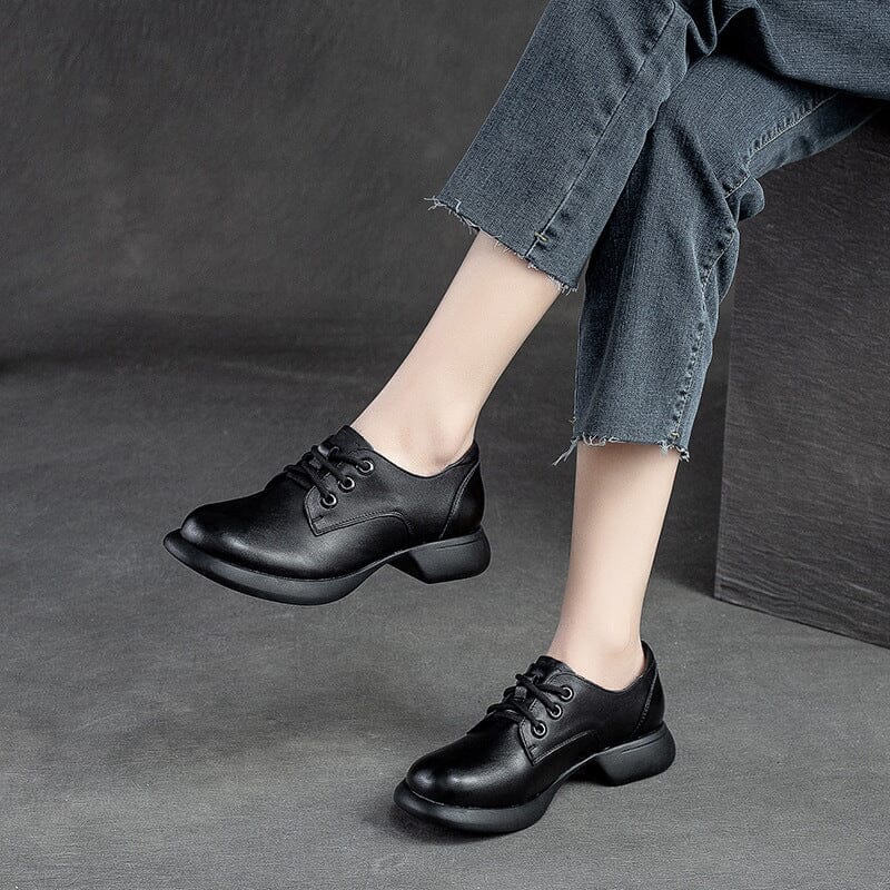 Retro Solid Leather Lug Sole Casual Shoes