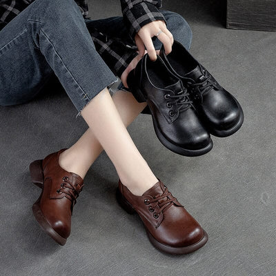 Retro Solid Leather Lug Sole Casual Shoes