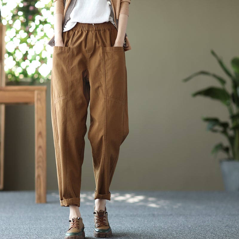 Retro Solid Women Spring Loose Casual Cotton Harem Pants Jan 2022 New Arrival M Brown 
