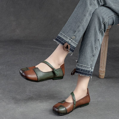 Retro Spring Patchwork Leather Soft Flat Casual Shoes