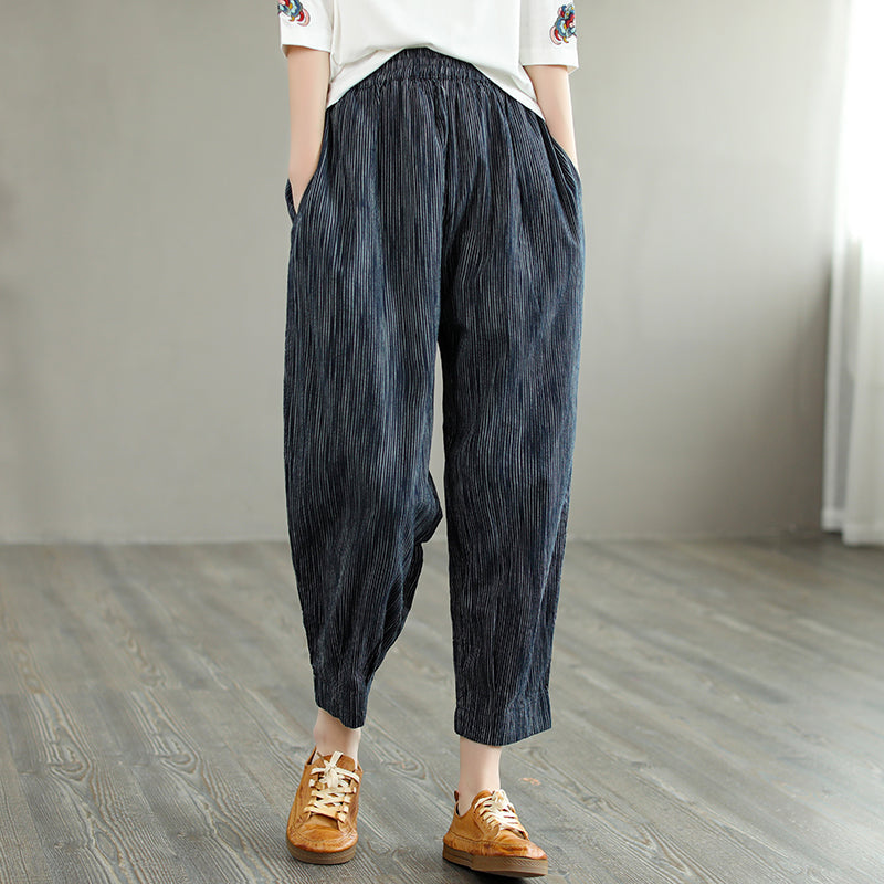 Retro Stripe Summer Women Cotton Linen Casual Pants