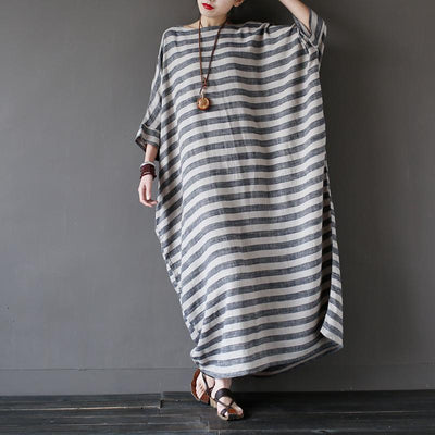 Retro Striped Plus Size Cotton Linen Dress