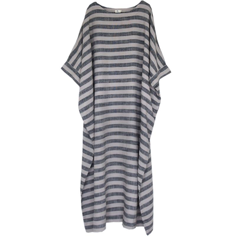Retro Striped Linen Loose Plus Size Cotton And Linen Dress OCT 
