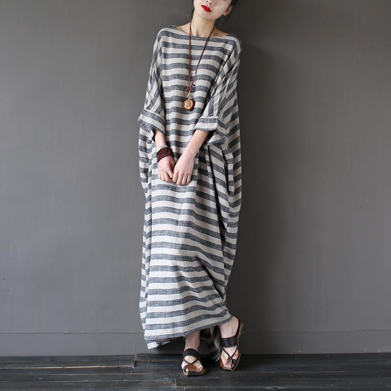 Retro Striped Linen Loose Plus Size Cotton And Linen Dress OCT M BLACK 
