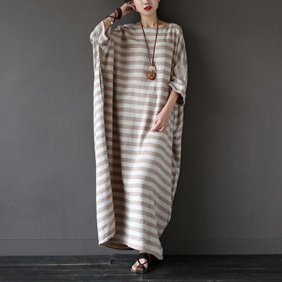 Retro Striped Linen Loose Plus Size Cotton And Linen Dress OCT M BROWN 