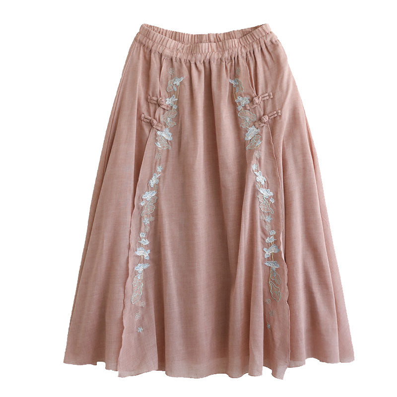 Retro Summer Cotton Linen Floral A-Line Skirt