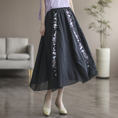 Retro Summer Cotton Linen Floral A-Line Skirt Apr 2022 New Arrival Black One Size 