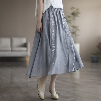 Retro Summer Cotton Linen Floral A-Line Skirt Apr 2022 New Arrival Gray One Size 