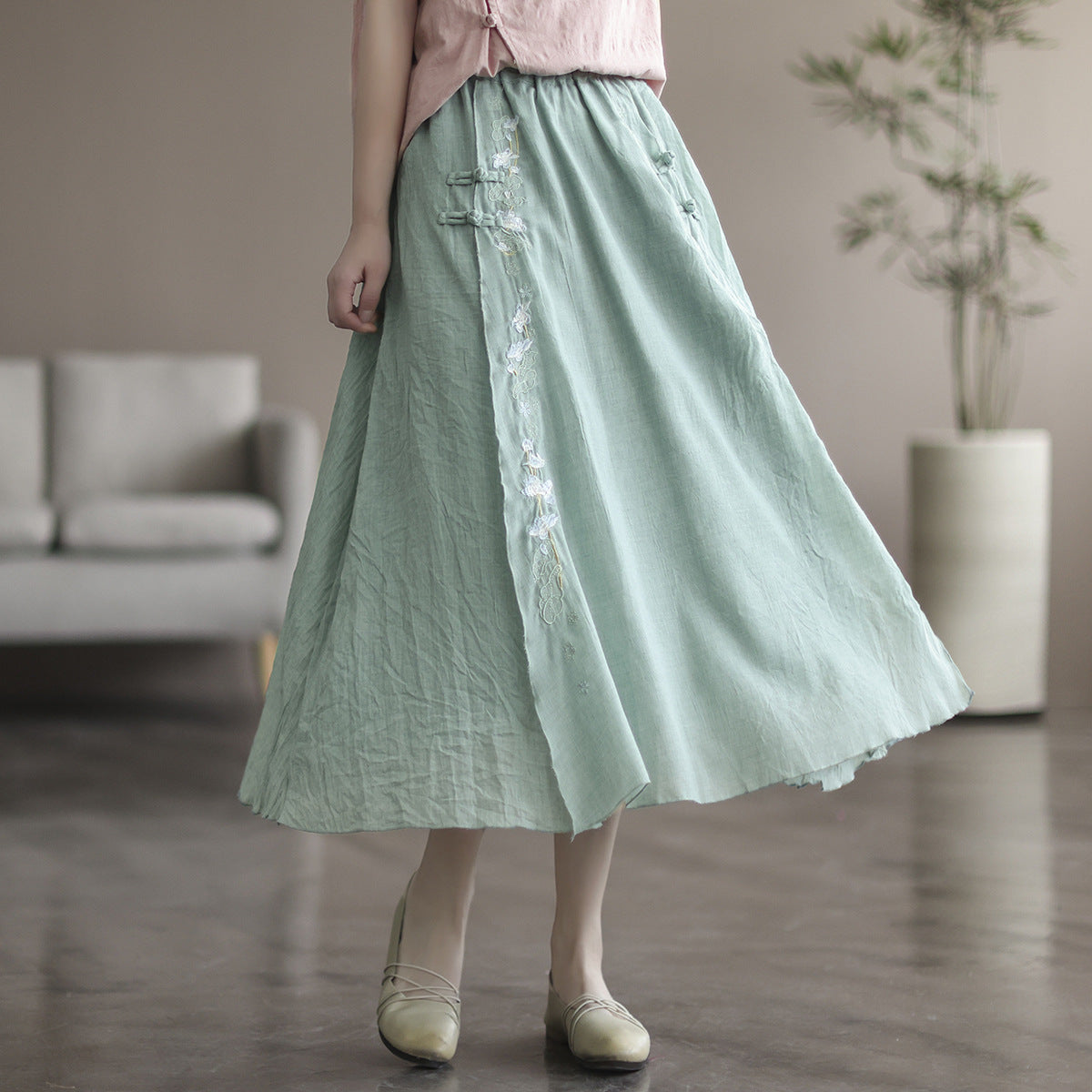 Retro Summer Cotton Linen Floral A-Line Skirt Apr 2022 New Arrival Green One Size 