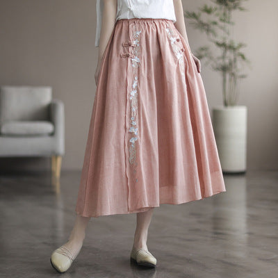 Retro Summer Cotton Linen Floral A-Line Skirt Apr 2022 New Arrival Pink One Size 