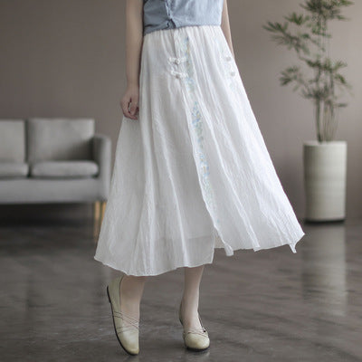 Retro Summer Cotton Linen Floral A-Line Skirt Apr 2022 New Arrival White One Size 