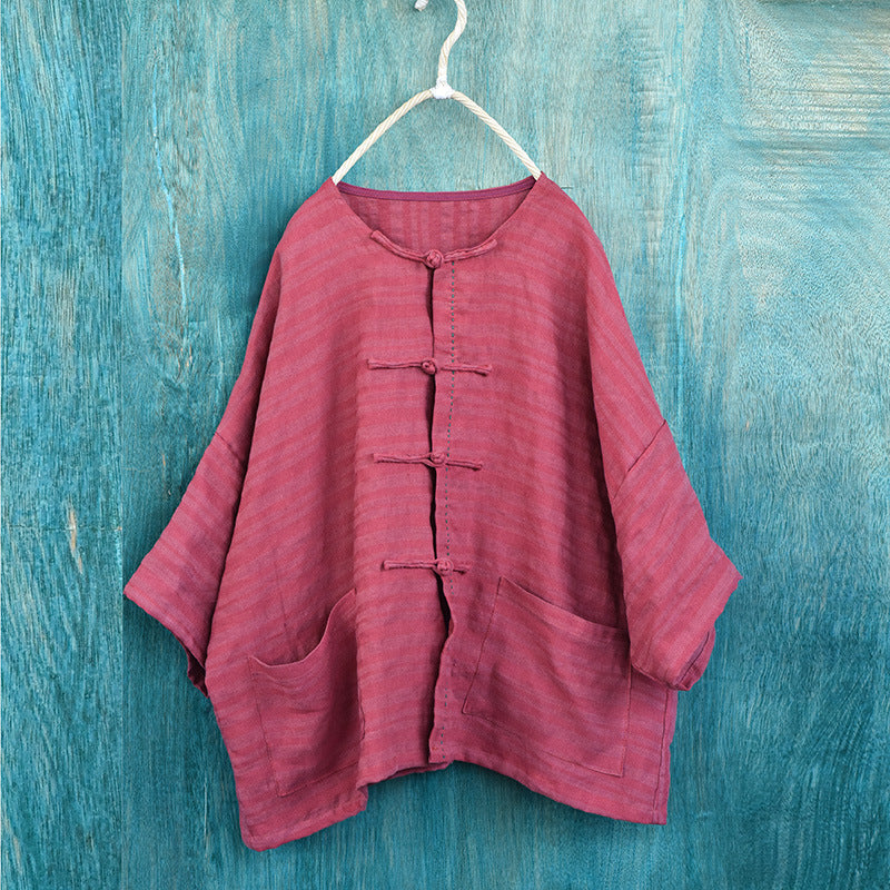 Retro Summer Handmade Stripe Thin Linen Loose Blouse Jul 2022 New Arrival Red One Size 