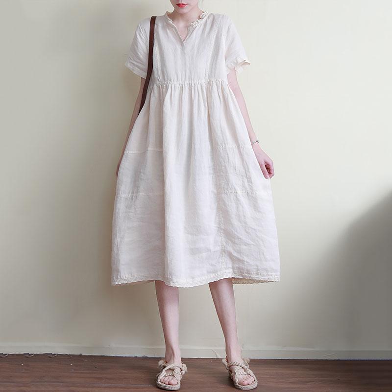 Retro Summer Loose Women Wooden Linen Midi Short Sleeve Dress