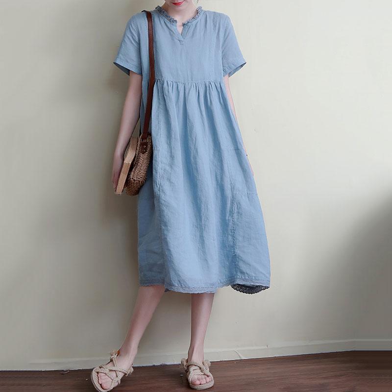 Retro Summer Loose Women Wooden Linen Midi Short Sleeve Dress 2019 April New One Size Blue 