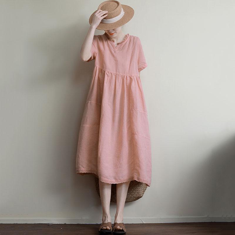 Retro Summer Loose Women Wooden Linen Midi Short Sleeve Dress 2019 April New One Size Pink 